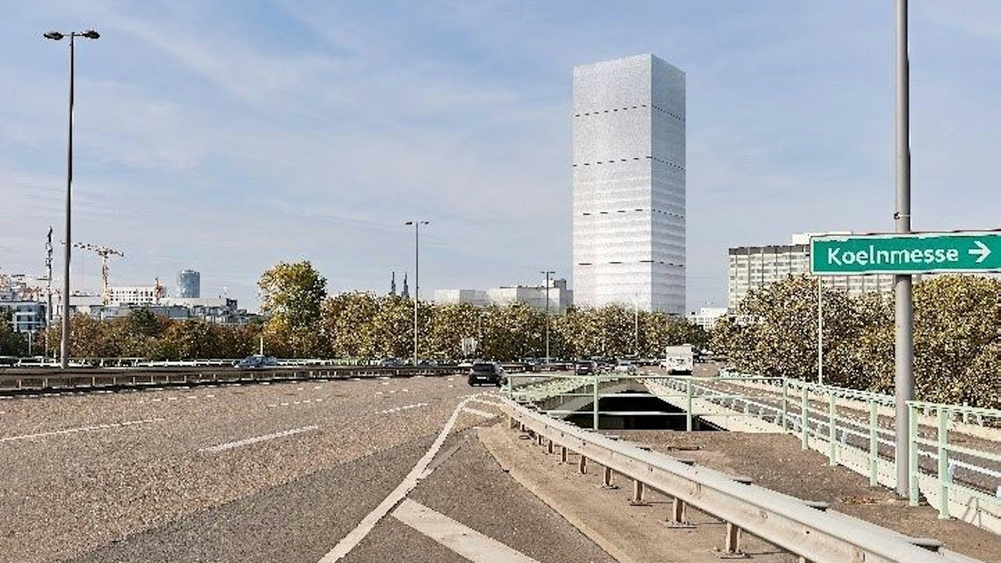 Diese Grafik zeigt, wie ein 120-Meter-Turm sich in den Blick Richtung Innenstadt von der Deutzer Zufahrt zur Zoobrücke stellt.