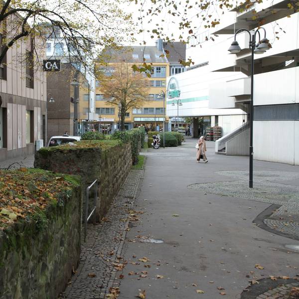 Blätter und Moos auf einer alten Stadtmauer zwischen einer C&A und einer Kaufhof-Filiale