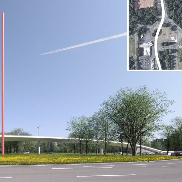 Die Stadtbahn-Brücke würde neben der Stele von Lutz Fritsch über den Verteilerkreis geführt.
