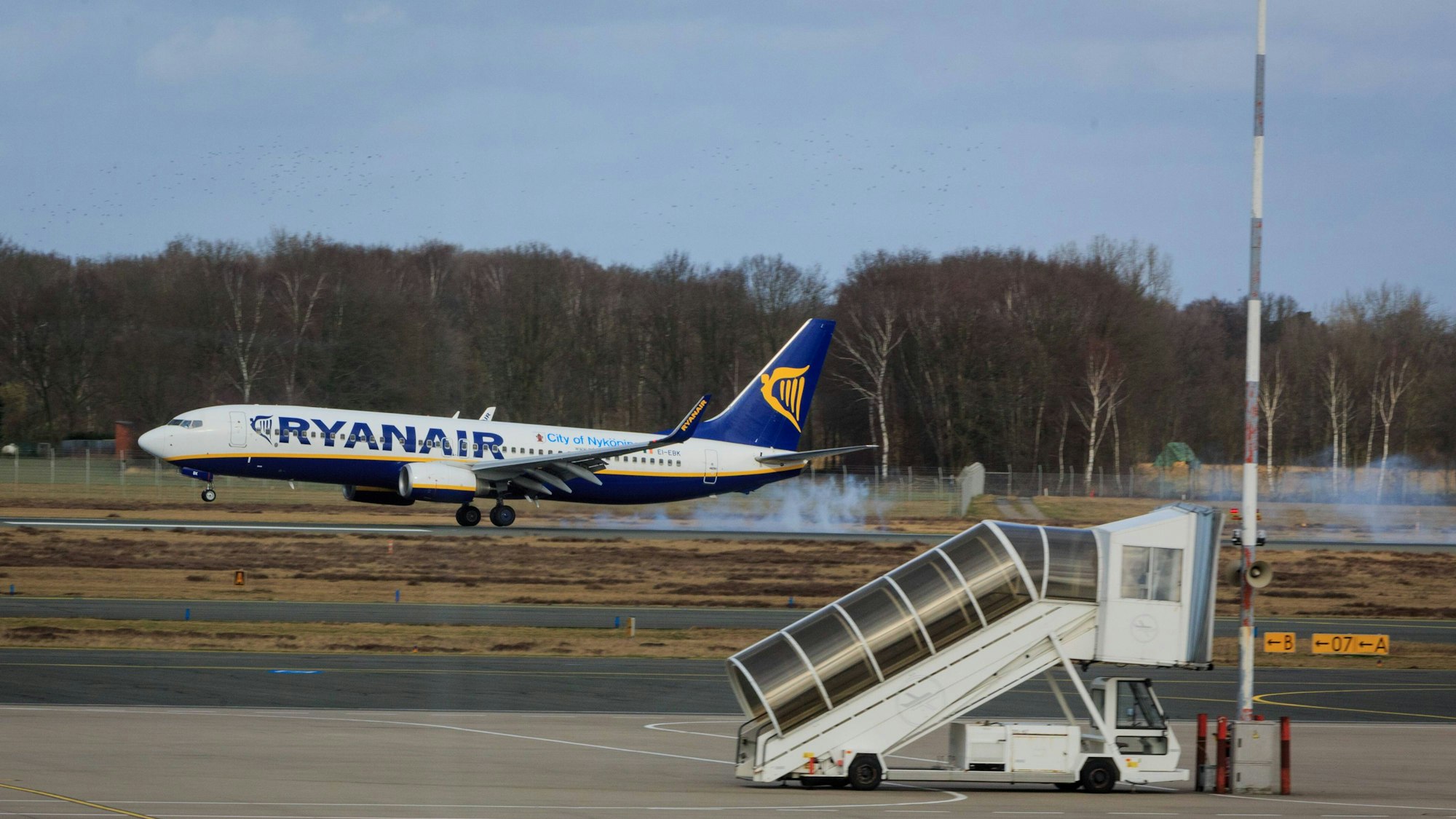 Eine Boeing 737-8AS von Ryanair landet auf dem Flughafen Münster/Osnabrück (FMO) (Archivbild).