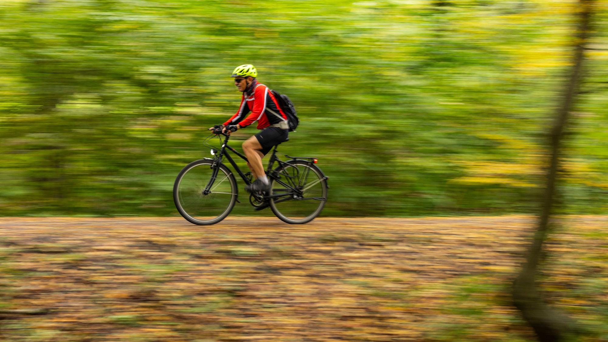 Ein Fahrradfahrer fährt durch den herbstlichen Wald.