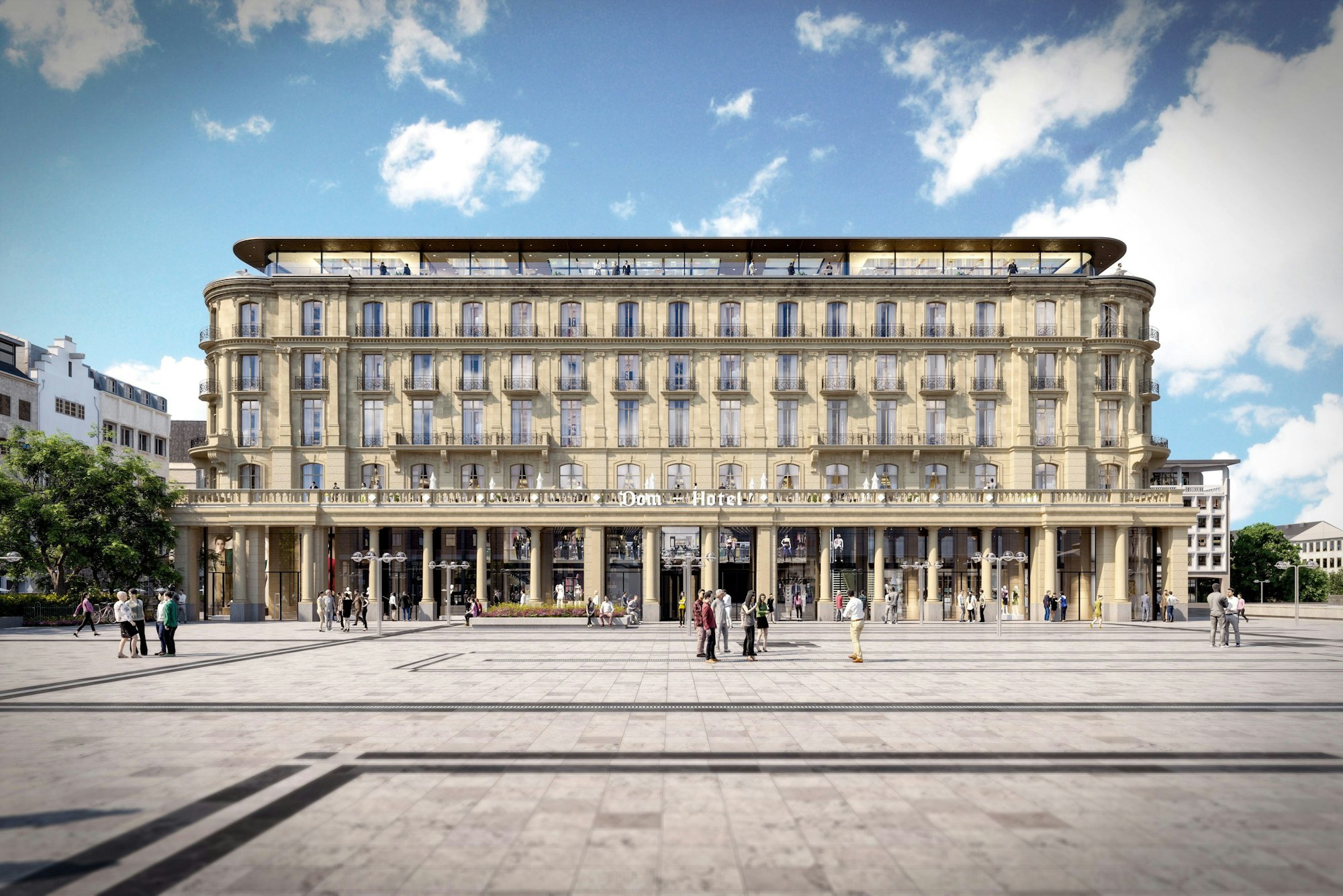 Die Visualisierung zeigt die Ansicht auf das Domcarré samt Superior-Hotel vom Roncalliplatz aus.