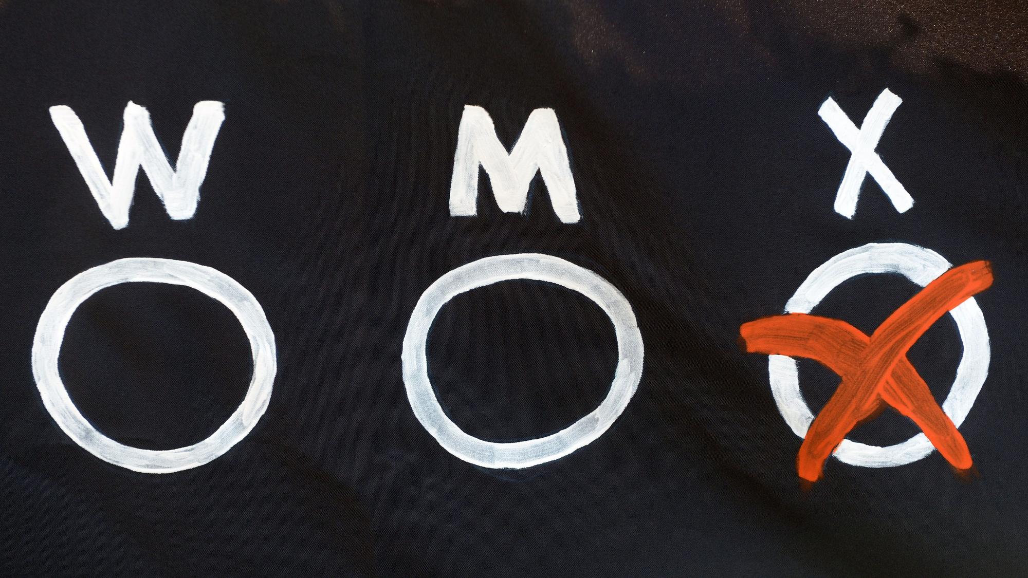 ARCHIV - 28.07.2014, Niedersachsen, Gehrden: Drei Möglichkeiten für einen Geschlechtseintrag - "W", "M" und "X" - sind auf einem Banner der Initiative «dritte Option» zu sehen. Der Bundesrat hat eine ganze Reihe von Änderungen an dem von der Bundesregierung beschlossenen Entwurf für ein Selbstbestimmungsgesetz vorgeschlagen. Foto: Peter Steffen/dpa +++ dpa-Bildfunk +++