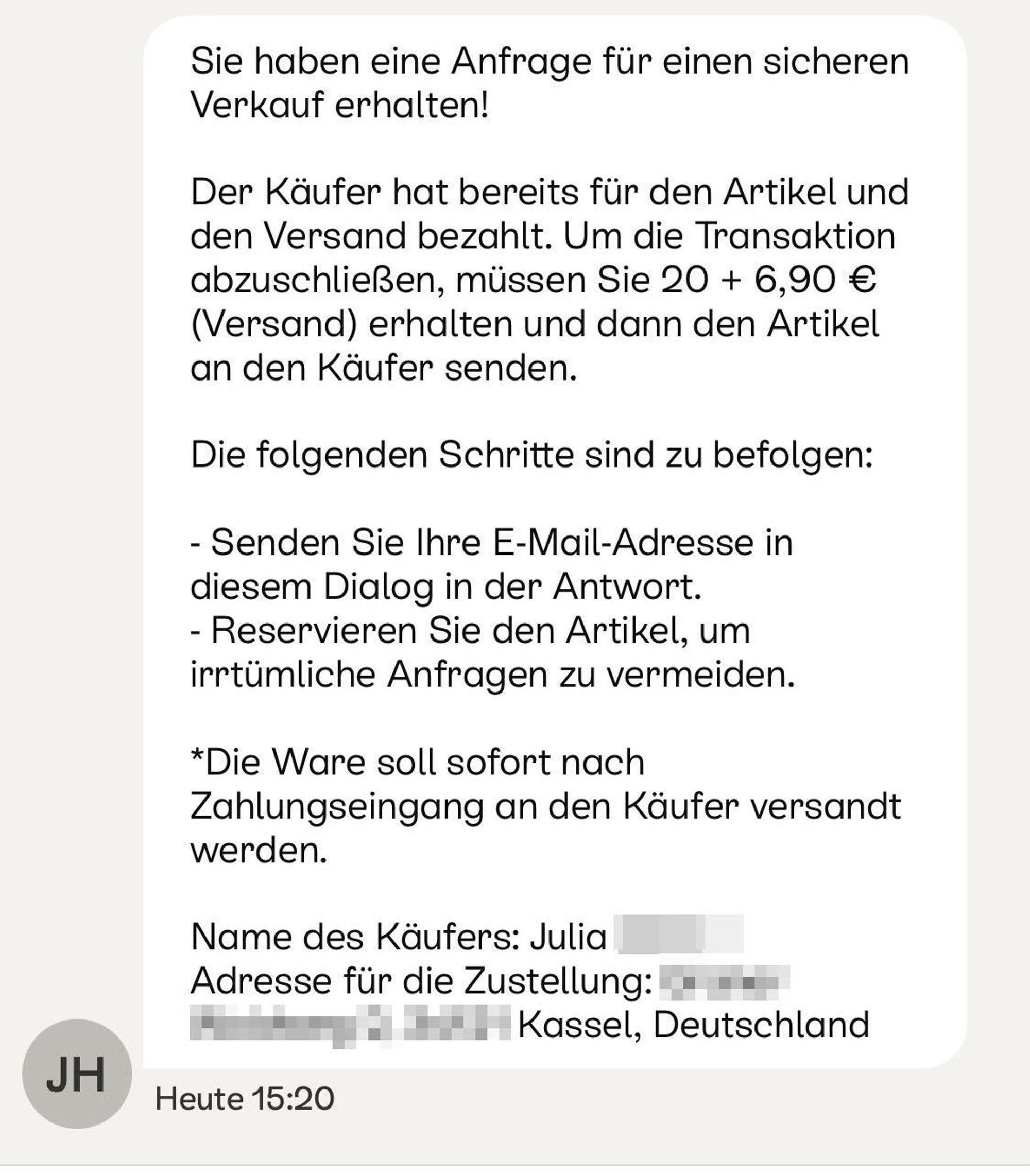 Sieht doch auf den ersten Blick ziemlich seriös aus, oder? Diese Nachricht erhielt unsere Autorin zu ihrem Inserat.