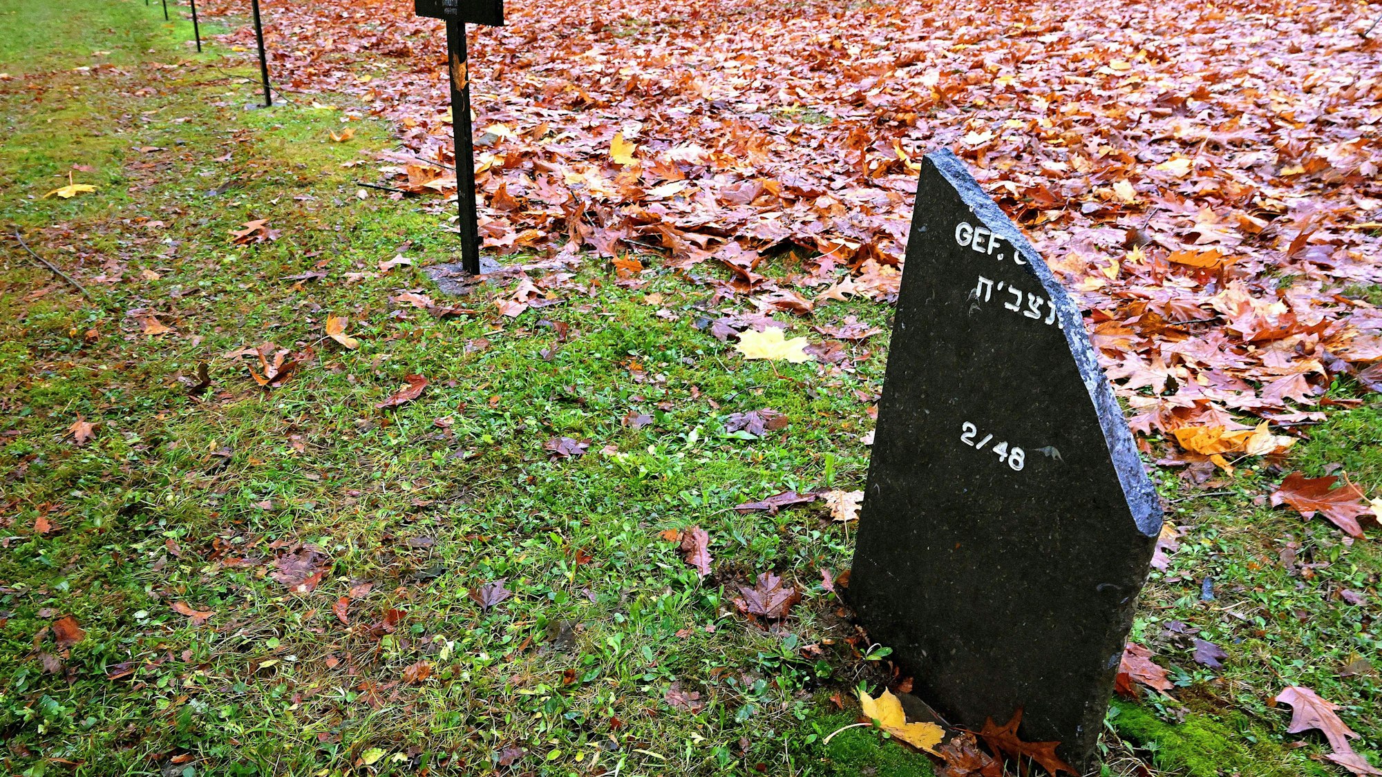 Ein beschädigter Grabstein an dem Grab eines jüdischen Soldaten.