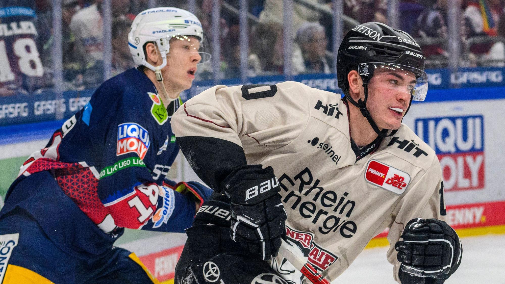 Justin Schütz (r.) erzielte das 3:0 für die Kölner Haie in Nürnberg. Es war das siebte Saisontor des Neuzugangs aus München.