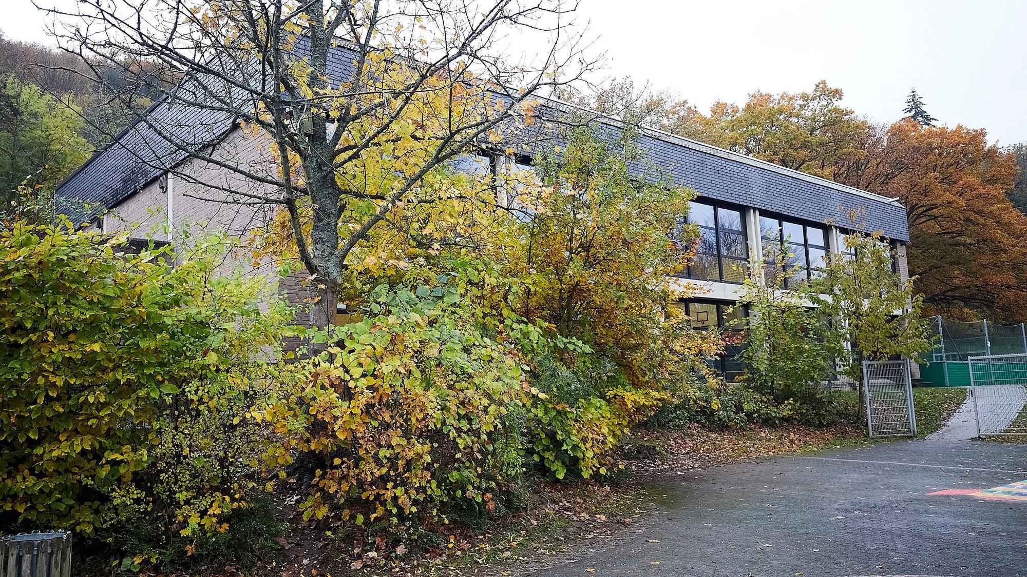 Hinter Bäumen und Sträuchern mit herbstIich gefärbtem Laub liegt die Turnhalle der Heimbacher Grundschule.