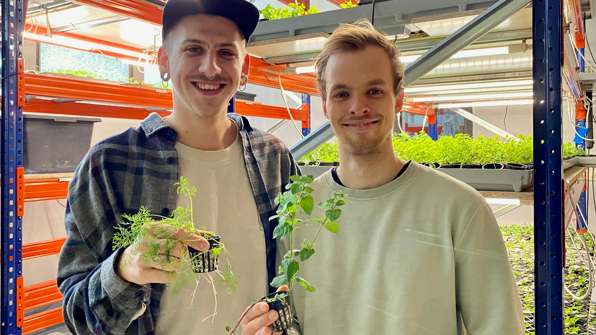 Auf dem Foto sind Yannick Hoyer und Timon Scholz zu sehen. Sie zeigen ihre gezüchteten Kräuter.