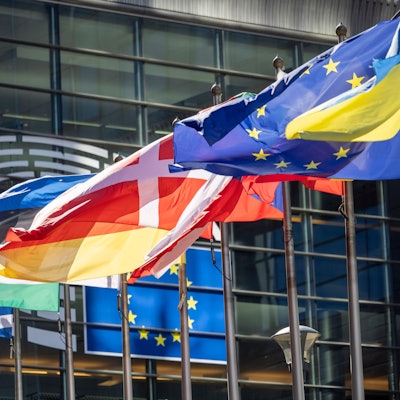 Die Flaggen der europäischen Mitgliedsstaaten wehen vor dem Gebäude des Europäischen Parlaments in Brüssel.