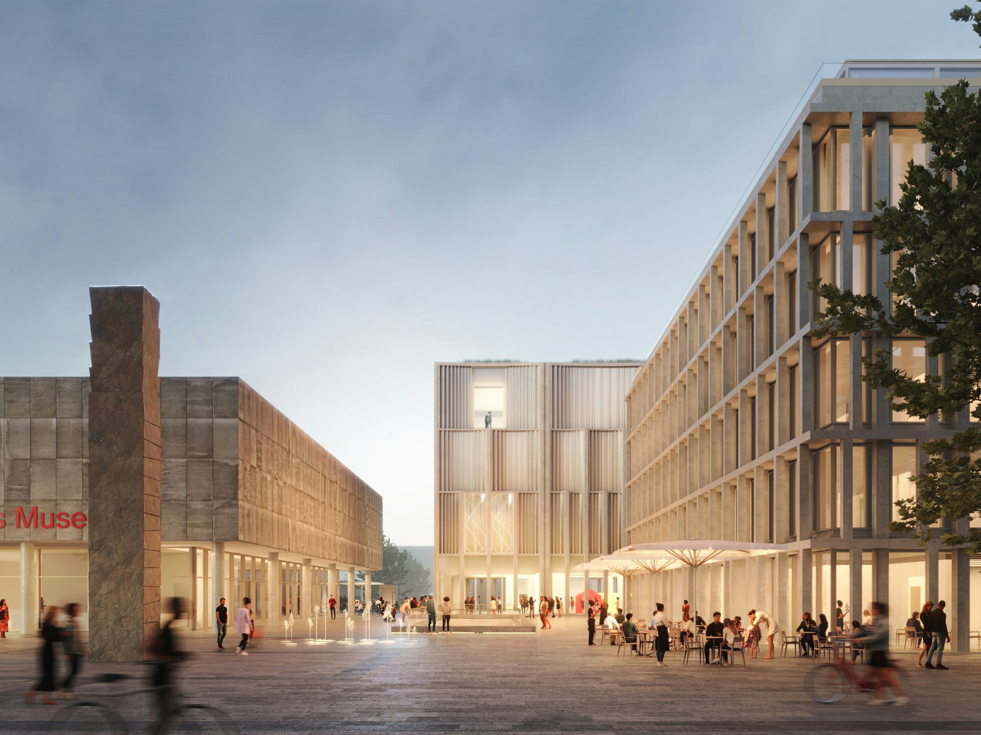 Die Visualisierung zeigt in der Mitte das neue Stadtmuseum, rechts das neue Bürohaus.