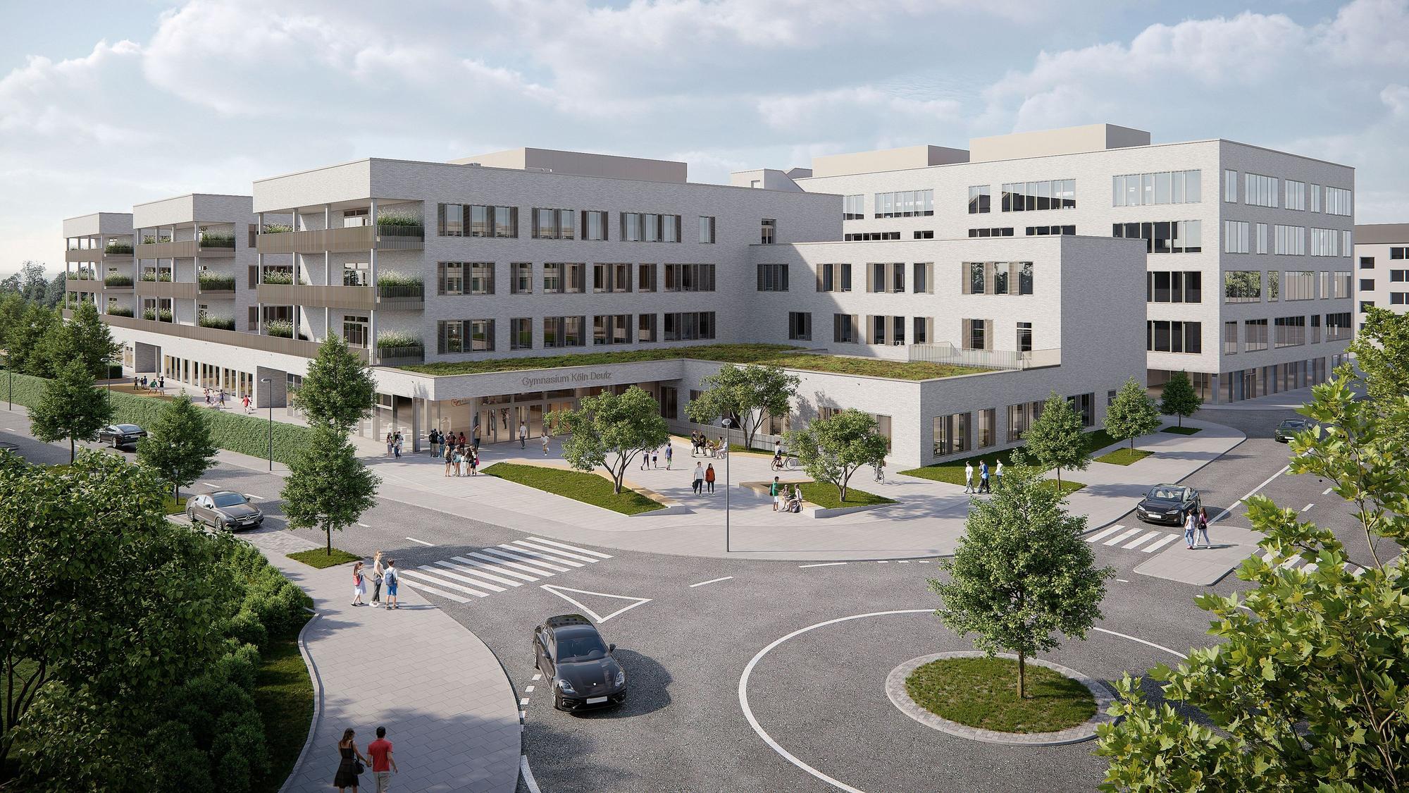 Die Visualisierung zeigt den neuen Schulkomplex in Deutz, in dem ab dem Schuljahr 2025/26 Unterricht stattfinden soll.