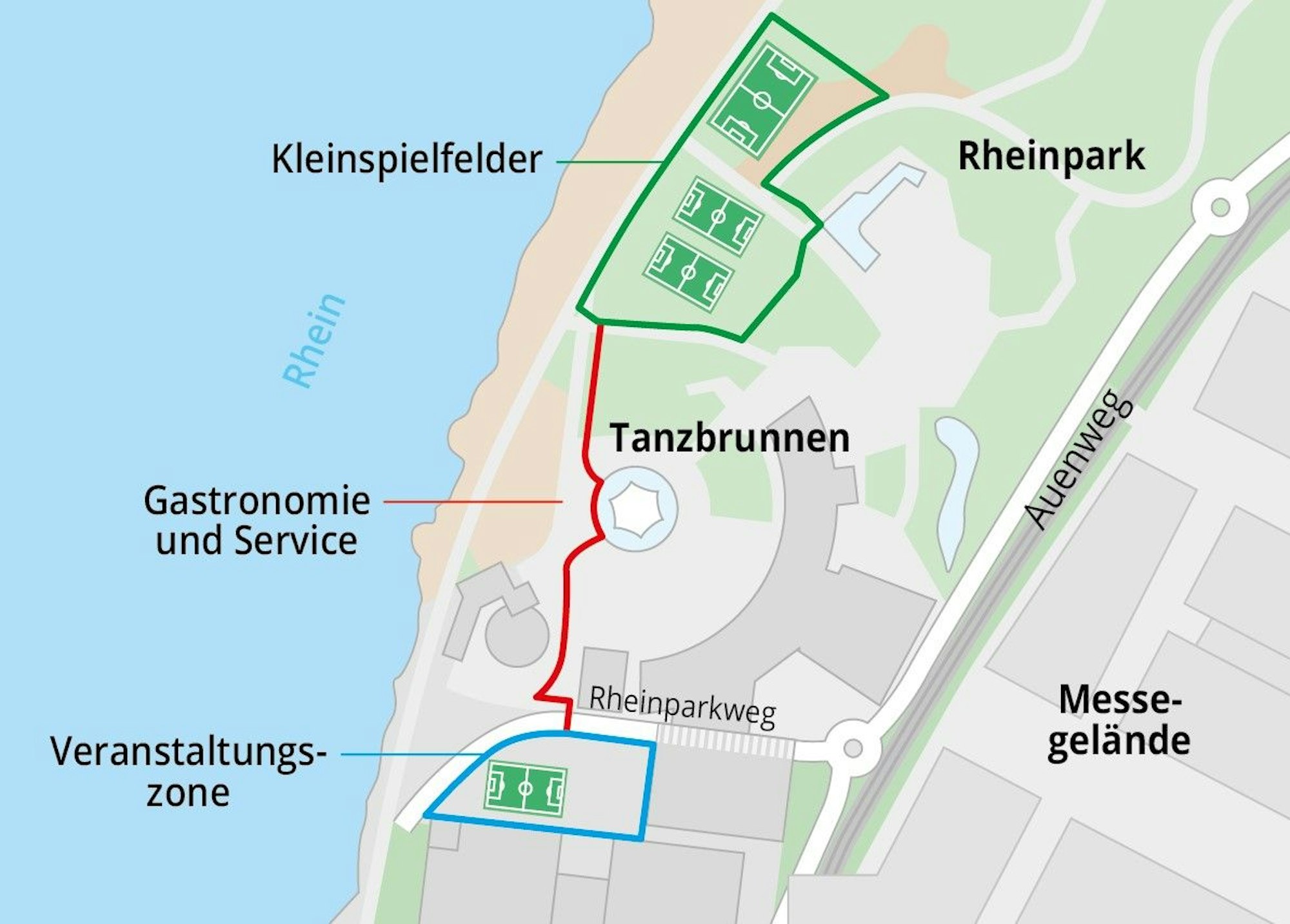 Die Grafik zeigt einen Ausschnitt vom Rheinpark, in dem die Veranstaltungszone eingezeichnet ist.