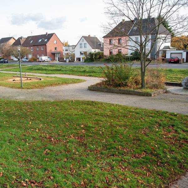 Blick auf die aktuellen Grünflächen des Parks, im Hintergrund die Wohnhäuser am Frankengraben.