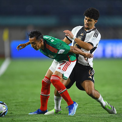 RECORD DATE NOT STATED FIFA U-17 World Cup Indonesia 2023 Mexico vs Germnay L-R, Brandon Lomeli of Mexico and. Fayssal Harchaoui of Germany during the game Mexico vs Germany, corresponding to Group F of the FIFA U-17 World Cup Indonesia 2023, at Si Jalak Harupat Stadium, on November 12, 2023. brbr I-D, Brandon Lomeli de Mexico y. Fayssal Harchaoui de Alemania durante el partido Mexico vs Alemania, correspondiente al Grupo F de la Copa Mundial de la FIFA Sub-17 Indonesia 2023, en el Estadio Si Jalak Harupat Stadium, el 12 de Noviembre de 2023. BANDUNG INDONESIA INDONESIA PUBLICATIONxNOTxINxMEXxCHNxRUS Copyright: xAdrianxMaciasx 20231112060647_FWC_U17_GF_MEX_GER_LOMELI21