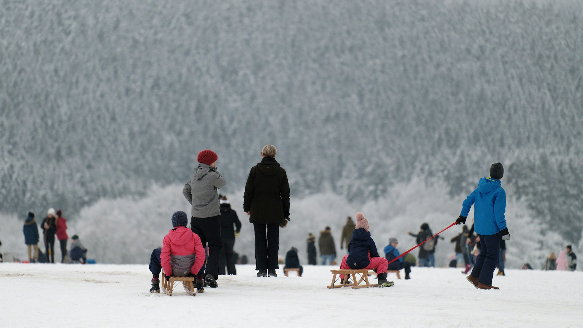 Spaziergänger und Rodelfreunde genießen das Winterwetter im Skigebiet „Weißer Stein“ in der Eifel.