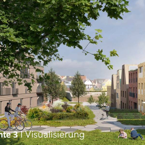 Die Visualisierung zeigt den Blick von der Kirche in Lohmar-Birk in Richtung Bürgerhaus.