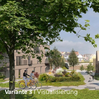 Die Visualisierung zeigt den Blick von der Kirche in Lohmar-Birk in Richtung Bürgerhaus.