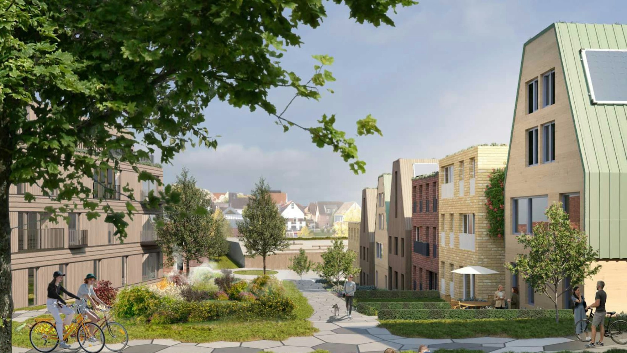 Visualisierung mit Häusern und Grünanlagen