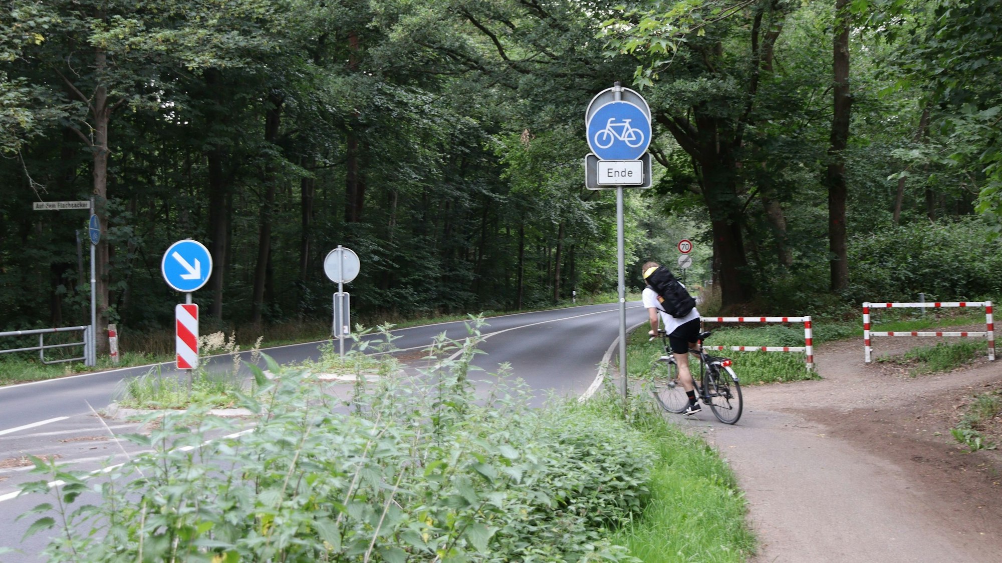 Ein Fahrradfahrer fährt über eine Straße.