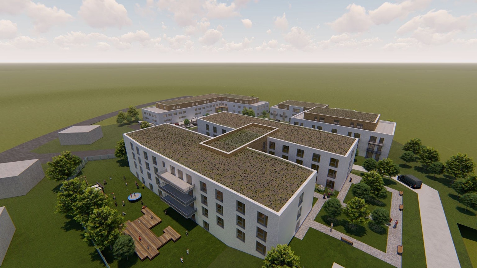 So könnte der Pflegecampus an der Thüringer Straße im Waldbröler Stadtteil Eichen einmal aussehen. Die Grafik zeigt das Herzstück: Einen „H“-förmigen Komplex, der später das Pflegeheim und die Kindertagesstätte beherbergen soll. Die Skizze zeigt einen Teil des geplanten Campus-Geländes.