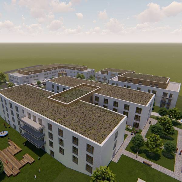 So könnte der Pflegecampus an der Thüringer Straße im Waldbröler Stadtteil Eichen einmal aussehen. Die Grafik zeigt das Herzstück: Einen „H“-förmigen Komplex, der später das Pflegeheim und die Kindertagesstätte beherbergen soll. Die Skizze zeigt einen Teil des geplanten Campus-Geländes.