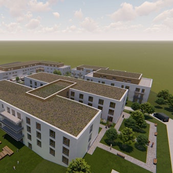 So könnte der Pflegecampus an der Thüringer Straße im Waldbröler Stadtteil Eichen einmal aussehen. Die Grafik zeigt das Herzstück: Einen „H“-förmigen Komplex, der später das Pflegeheim und die Kindertagesstätte beherbergen soll. Die Skizze zeigt einen Teil des geplanten Campus-Geländes.