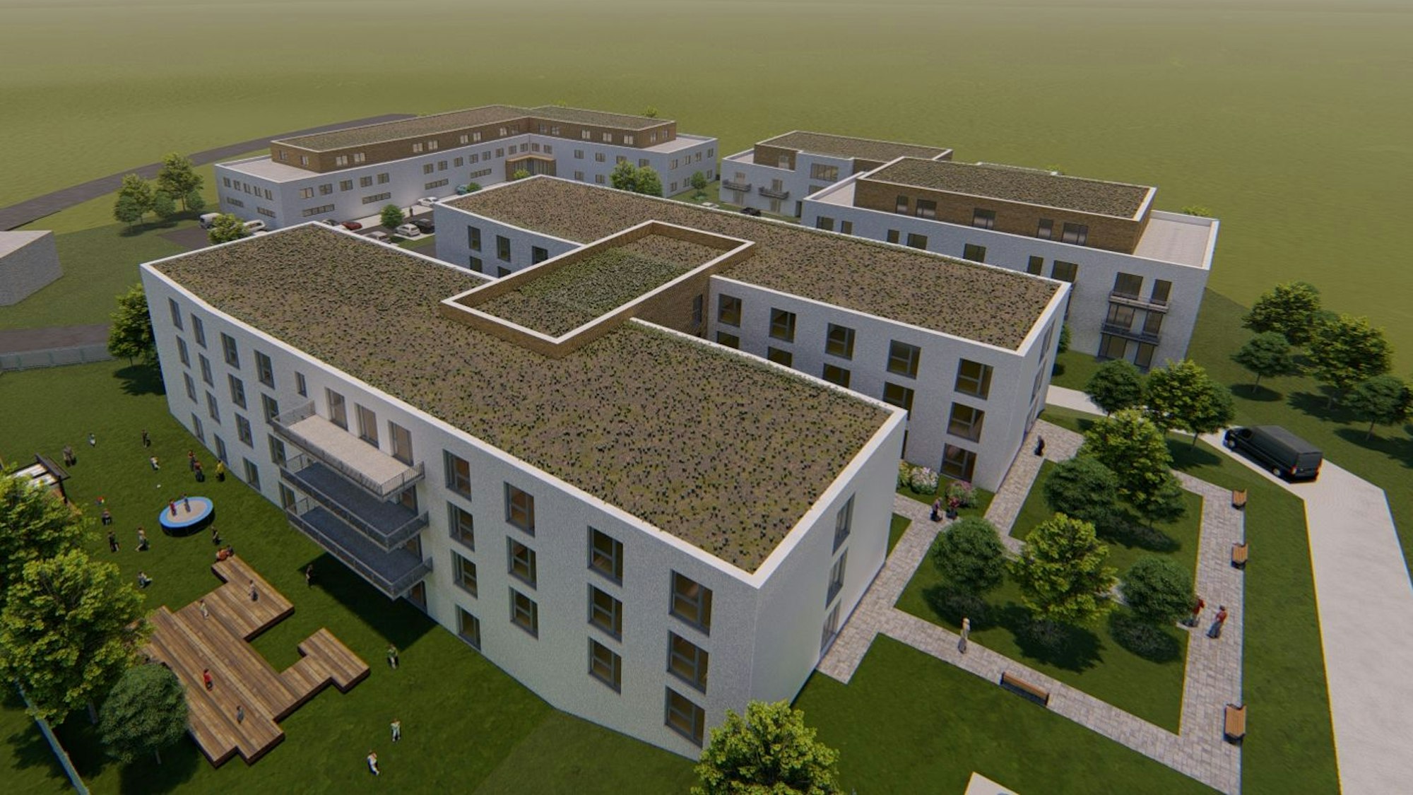 So könnte der Pflegecampus an der Thüringer Straße im Waldbröler Stadtteil Eichen einmal aussehen. Die Grafik zeigt das Herzstück: Einen „H“-förmigen Komplex, der später das Pflegeheim und die Kindertagesstätte beherbergen soll. Die Skizze zeigt einen Teil des geplanten Campus-Geländes.