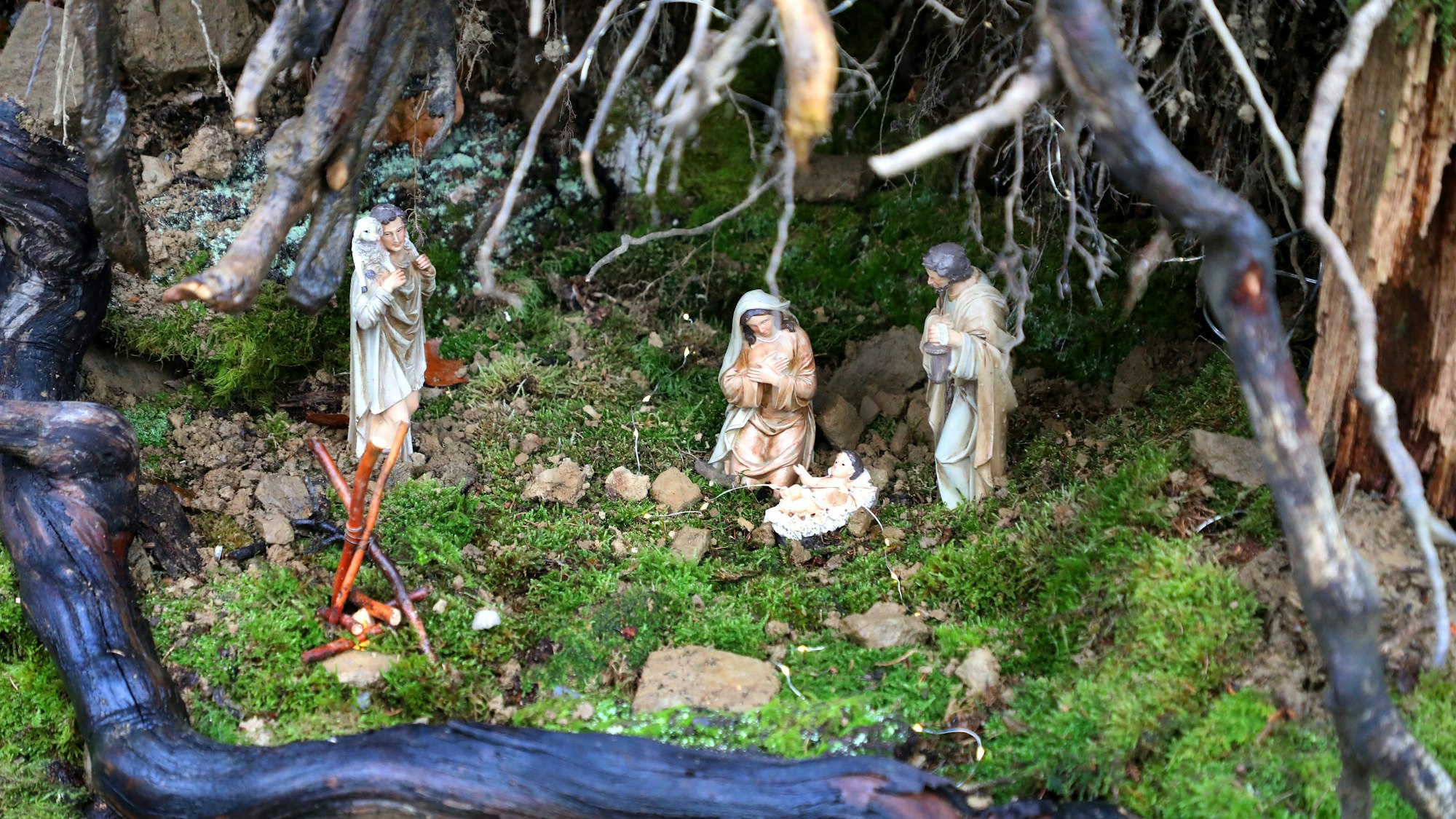 Krippe des Hospiz-Vereins am Weg oberhalb der Fatimakapelle unter Wurzeln.