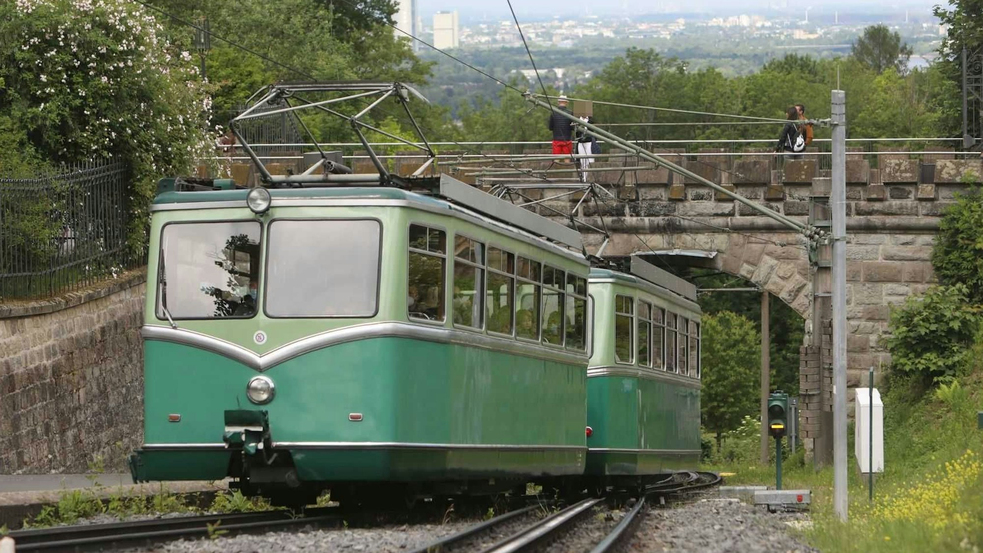 Ein grüner Triebwagen fährt in Höhe von Schloss Drachenburg den Drachenfels hinauf.