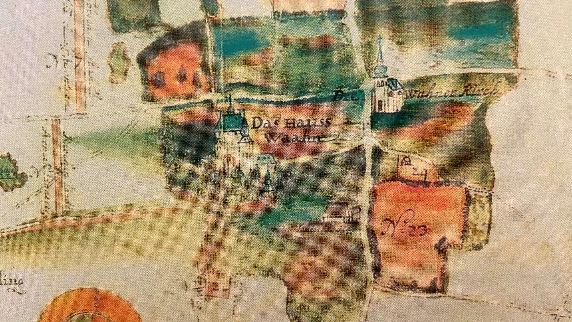 Eine Vermessungs-Karte aus dem Jahr 1748 zeigt Haus Wahn, die Kirche und den Lohischen Hof, der später zum Eltzhof wurde.