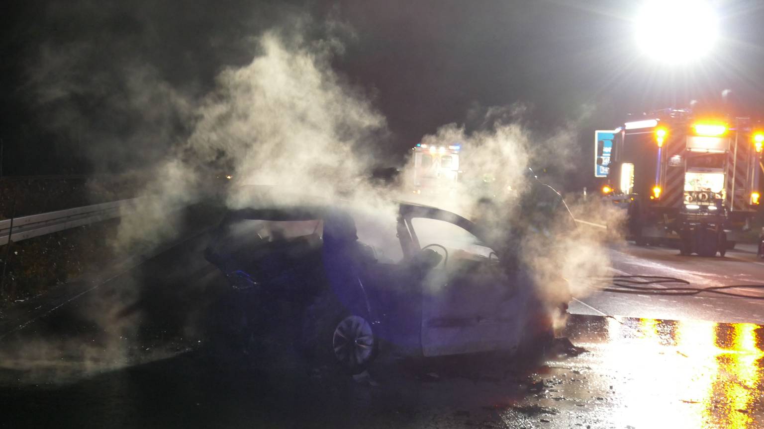 Der Wagen brannte völlig aus, die Feuerwehr konnte die Insassen nicht mehr retten.