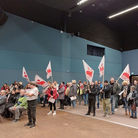 Menschen protestieren mit Fahnen in einer Stadtratssitzung.