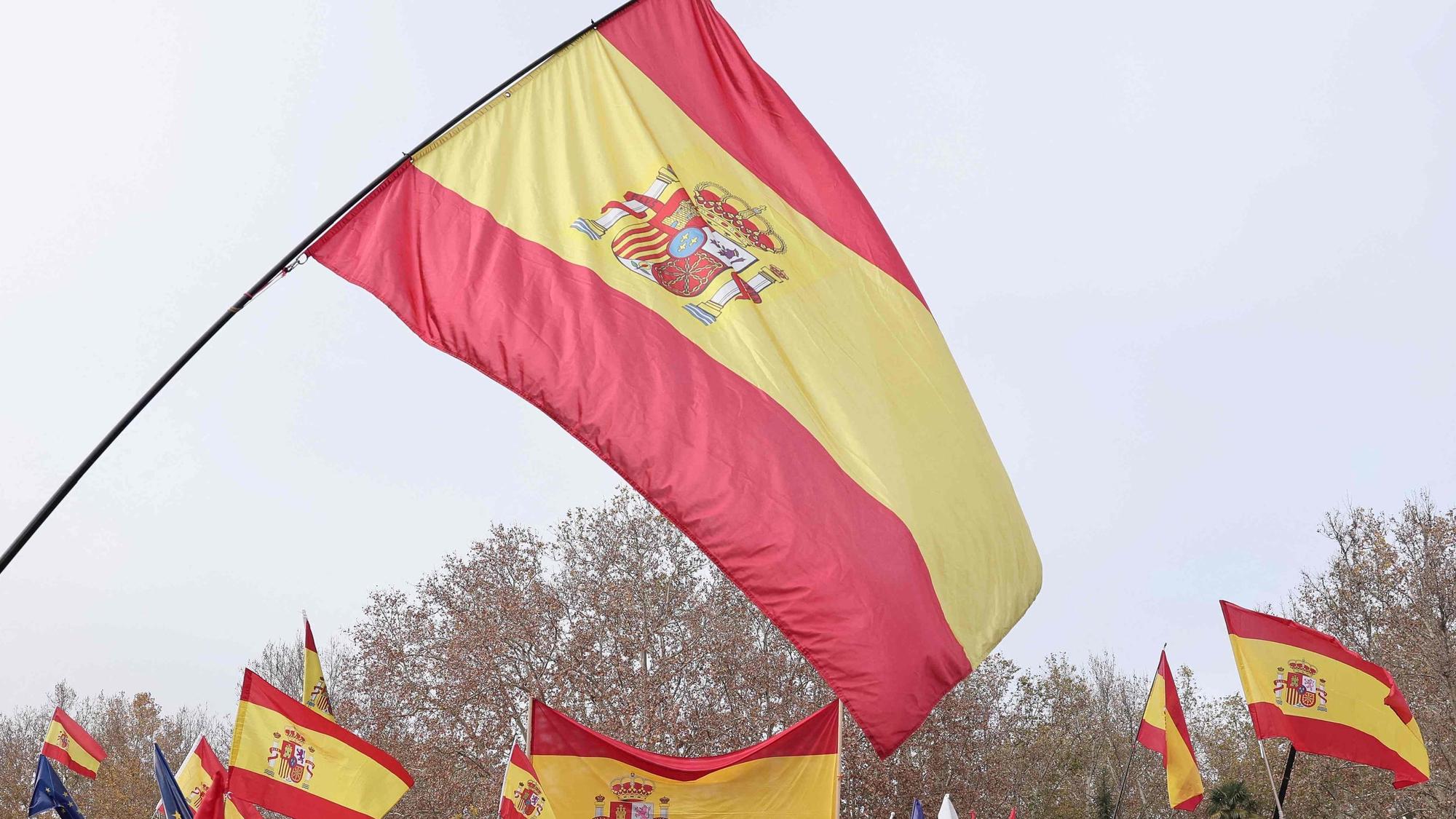 Protestors wave Spanish national flag as they take part in a demonstration called by opposition party Partido Popular (PP) against the government's amnesty bill for people involved in Catalonia's failed 2017 independence bid, in Madrid on December 3, 2023. (Photo by Thomas COEX / AFP)