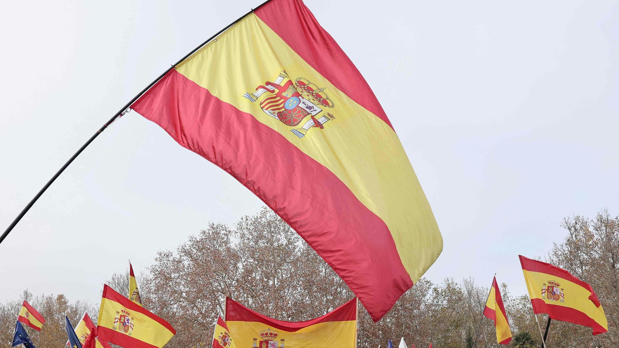 Protestors wave Spanish national flag as they take part in a demonstration called by opposition party Partido Popular (PP) against the government's amnesty bill for people involved in Catalonia's failed 2017 independence bid, in Madrid on December 3, 2023. (Photo by Thomas COEX / AFP)