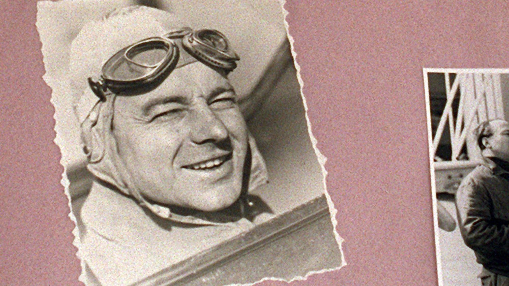 Ein altes Foto von Heinz Rühmann mit Fliegerkappe.