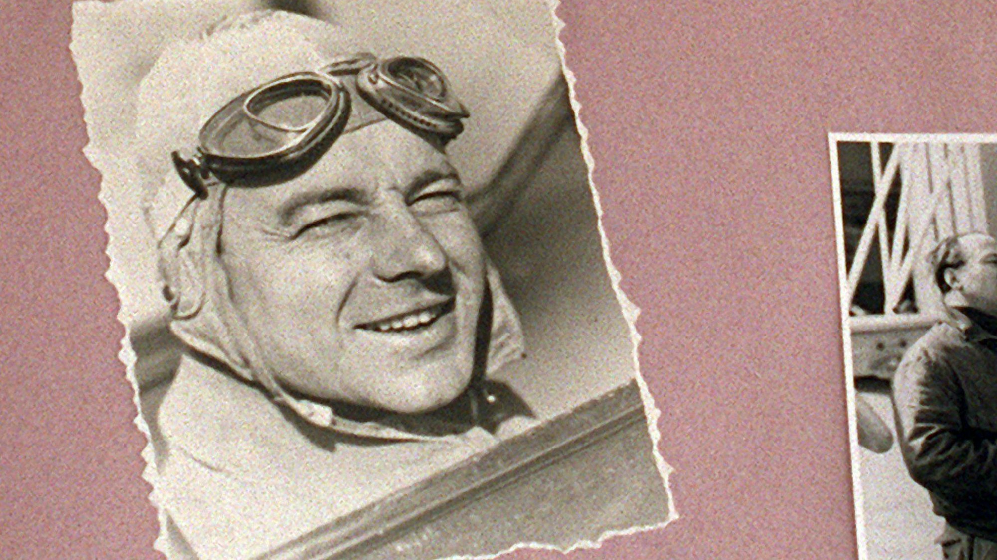 Ein altes Foto von Heinz Rühmann mit Fliegerkappe.