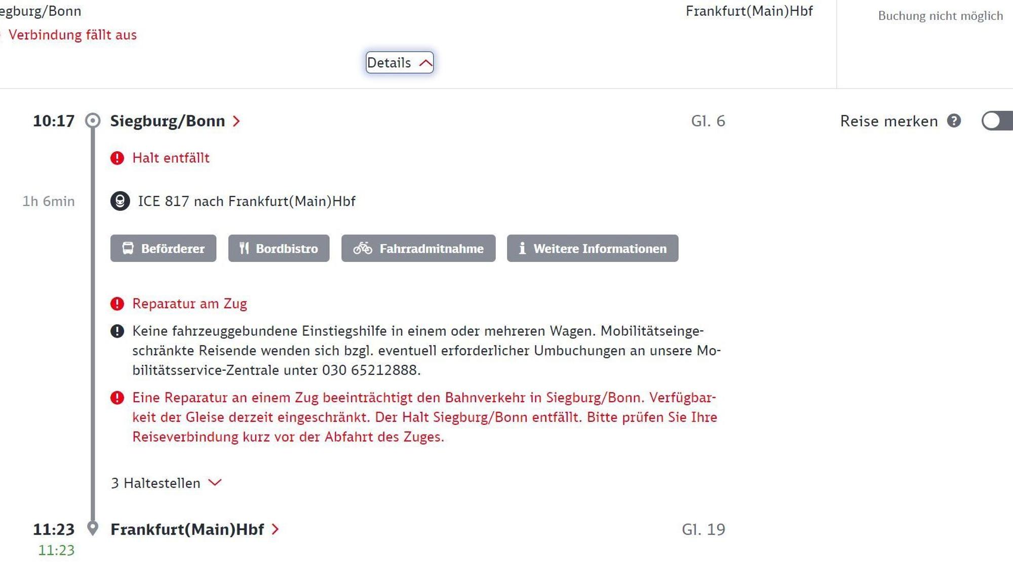 Bei der Reiseauskunft der Deutschen Bahn wird auf den Zugausfall am Siegburger ICE-Bahnhof hingewiesen.