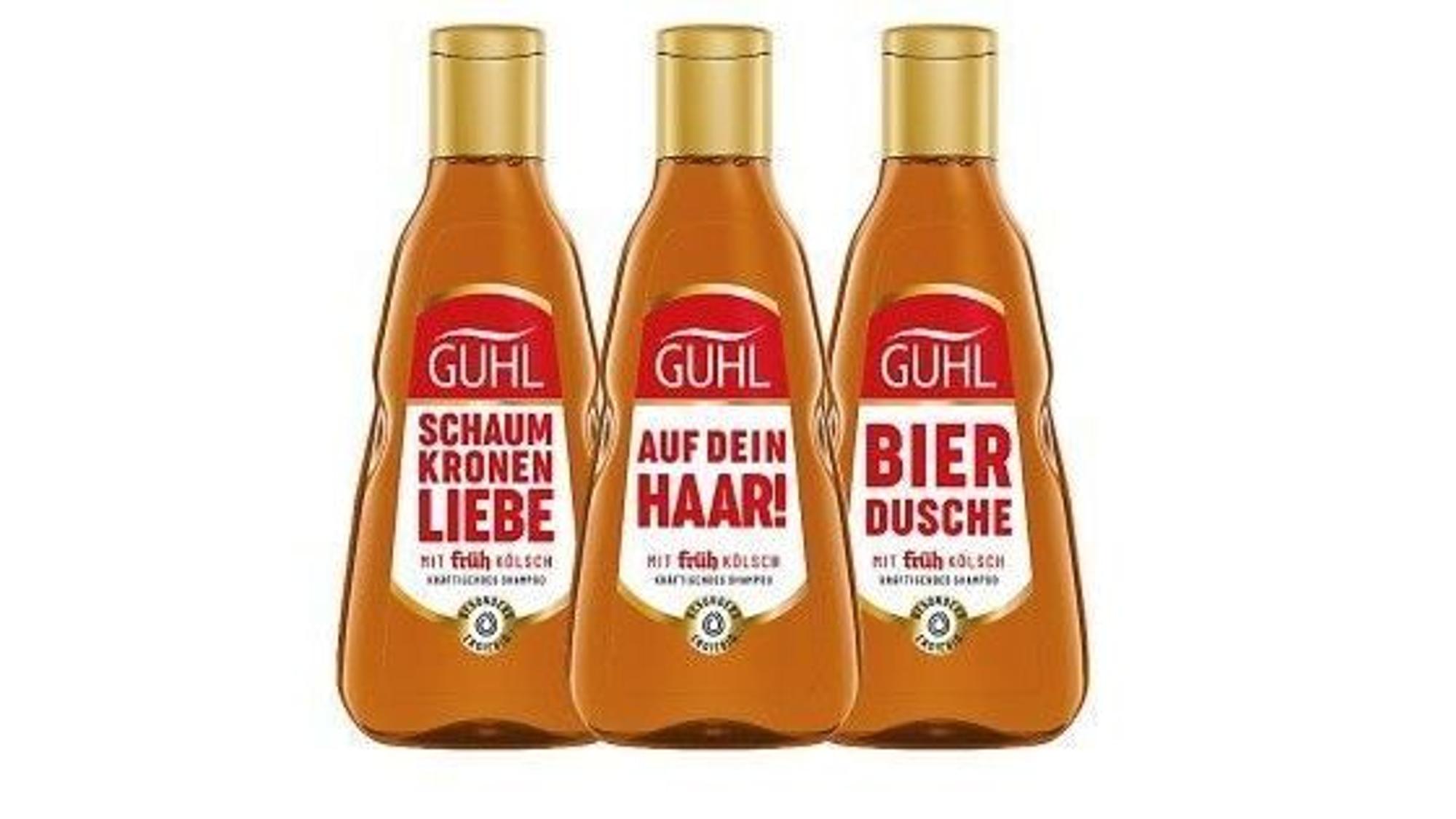 Drei Flachen Guhl stehen nebeneinander.