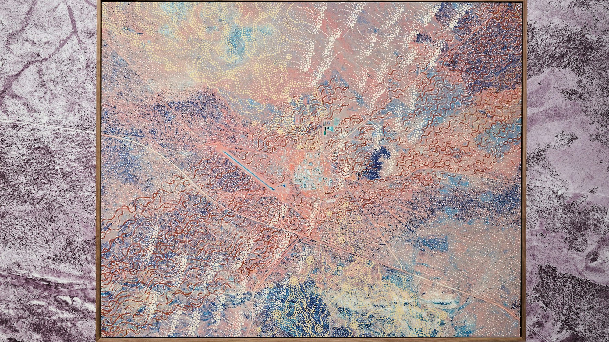 Satellite image of Yuendumu.
Revised with Sabrina Napangardi Granites, Geraldine Napangardi Granites, Athena Nangala Granites and Valda Napangardi Granites, 2022
REVISIONS: Made by the Warlpiri of Central Australia and Patrick Waterhouse
Studio Pramudiya