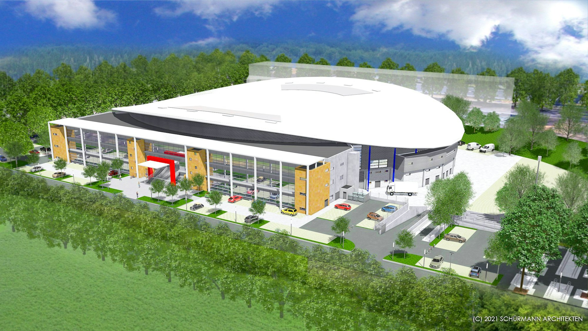 Charakteristisch für das neue Kölner Radstadion ist das geschwungene Dach.