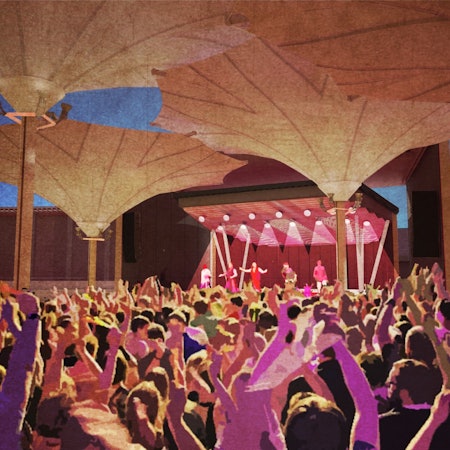 Vor der neuen offenen Bühne im Tanzbrunnens sollen neue und teilweise höhere Schirme mehr Schutz vor Witterung bieten.