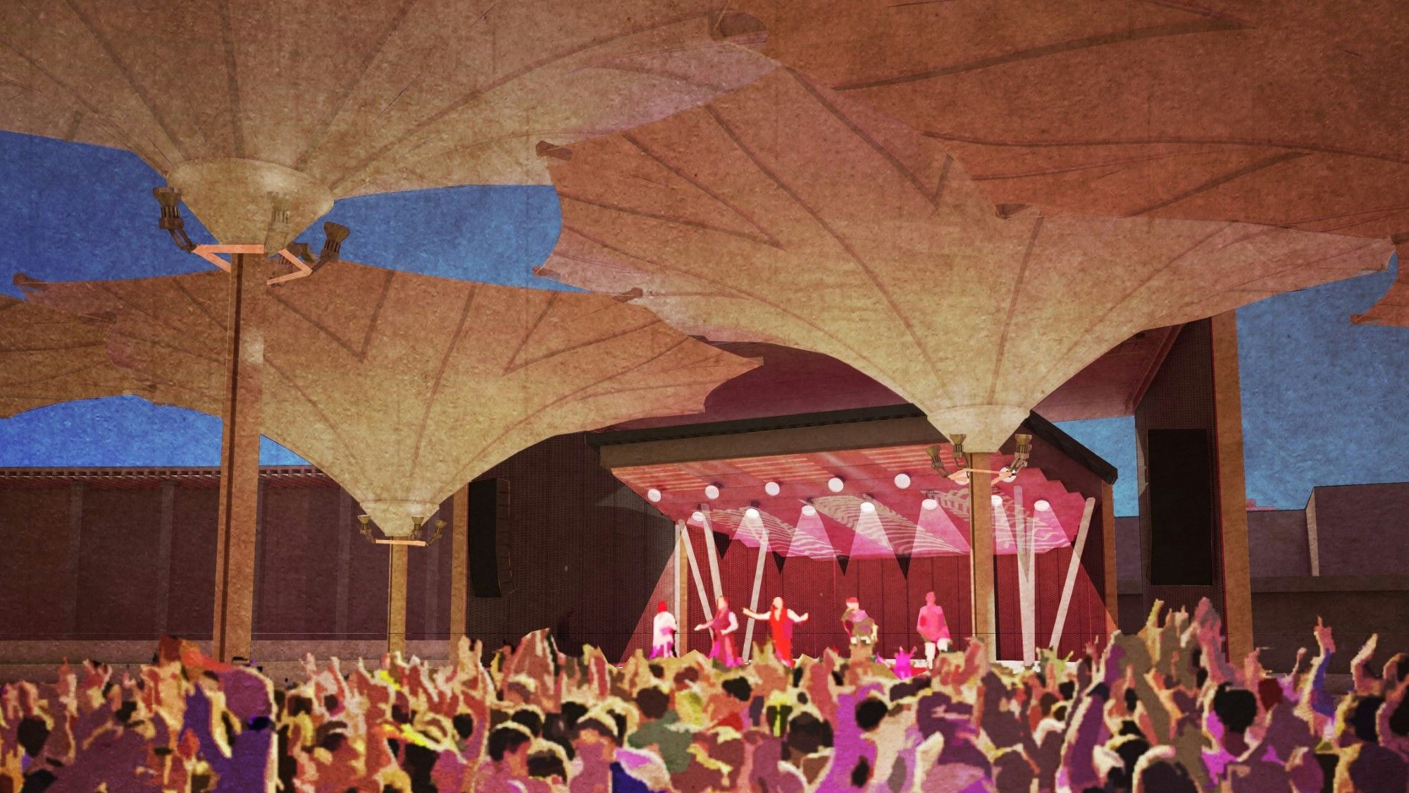 Vor der neuen offenen Bühne im Tanzbrunnens sollen neue und teilweise höhere Schirme mehr Schutz vor Witterung bieten.