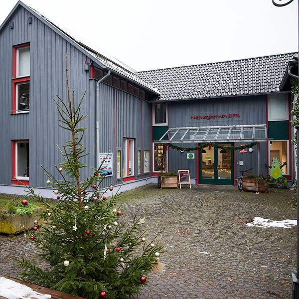 Das Naturzentrum in Nettersheim, vor dem ein Weihnachtsbaum steht, ist nach der Flut saniert worden und seit wenigen Wochen wieder geöffnet.