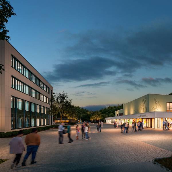 Visualisierung der neuen Gesamtschule Kürten. Rechts: Mehrzweckhalle, auch für Großveranstaltungen gedacht, links Schulgebäude.