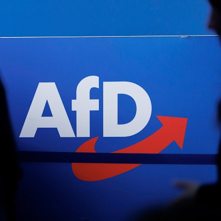 Das Parteilogo der AfD ist auf einer Plakatwand zu sehen.