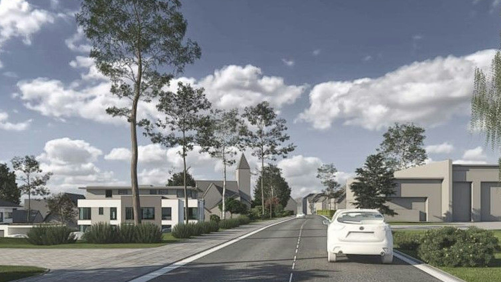 Die Visualisierung zeigt ein Wohnungsbauprojekt vor einer Kirche