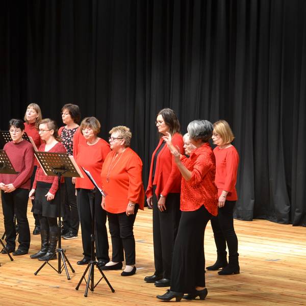 13 Frauen des Gospelchors „Go(o)d Sounds“ stehen in rot und schwarz auf einer Bühne und singen.