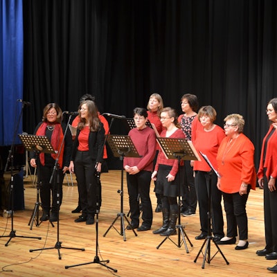 13 Frauen des Gospelchors „Go(o)d Sounds“ stehen in rot und schwarz auf einer Bühne und singen.