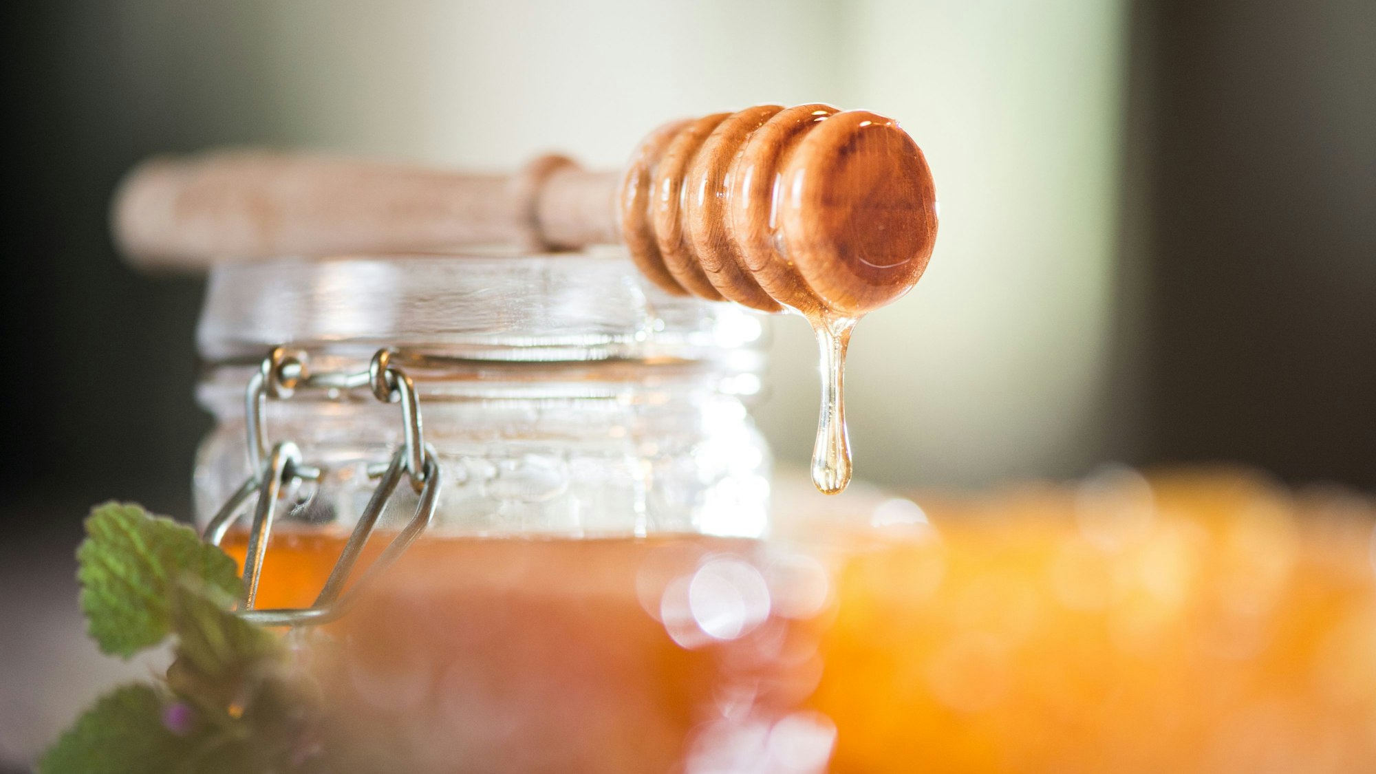 Honig tropft von einem Honiglöffel.
