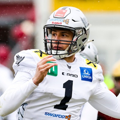AMERICAN FOOTBALL - AFL, Patriots vs Raiders TELFS,AUSTRIA,02.APR.22 - AMERICAN FOOTBALL - AFL, Austrian Football League, AFC Telfs Patriot vs Raiders Tirol. Image shows Isaiah Weed Raiders. PUBLICATIONxNOTxINxAUTxSUIxSWE GEPAxpictures/xPatrickxSteiner
